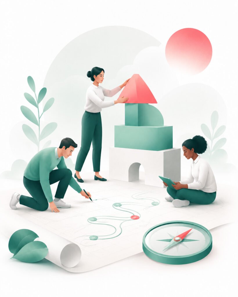 Illustration d’entrepreneurs qui organisent une idée, construisent les fondations d’un projet et définissent une feuille de route pour créer une entreprise.