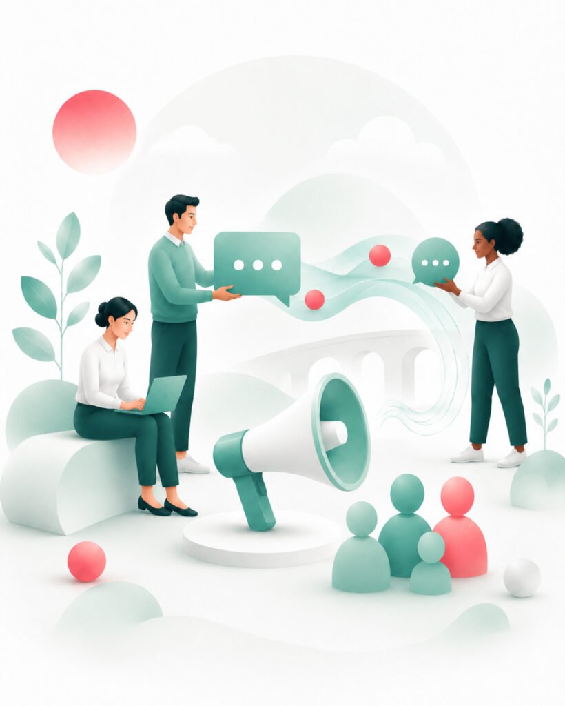 Illustration d’entrepreneurs qui construisent une communication claire, cohérente et crédible pour améliorer leur visibilité et attirer les bons clients.