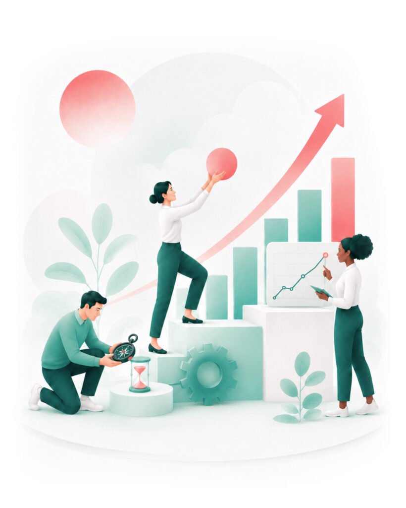 Illustration d’une équipe qui analyse ses indicateurs, ajuste sa stratégie et active des leviers de croissance pour développer ou relancer une entreprise.